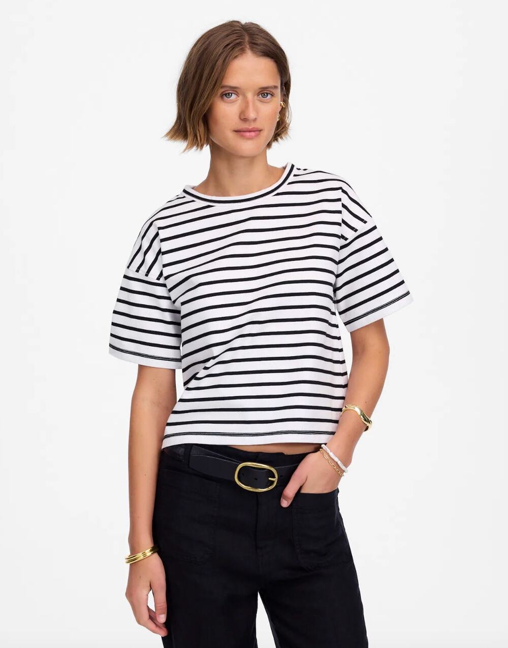 Madewell Everyday Boxy Crop Tee Short Striped Cotton White Relaxed XXS NWT